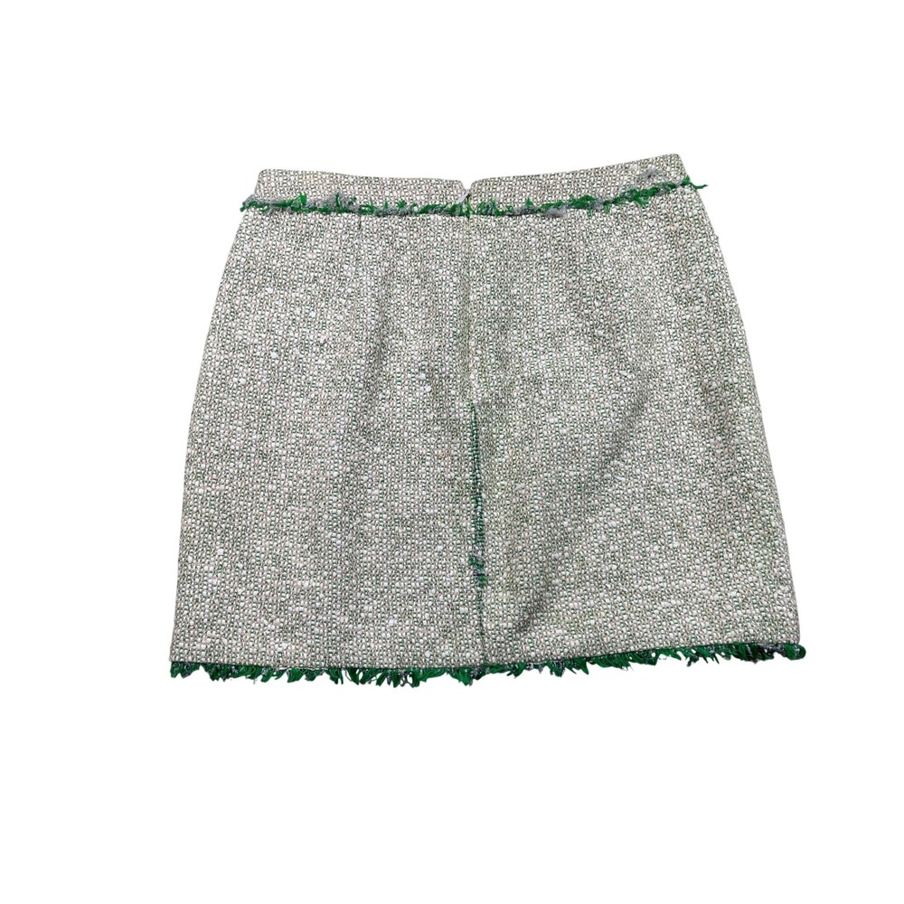 J.Crew Boucle Tweed Mini Skirt Size 4 Ivory Green Fringe Preppy Coastal Chic - Picture 2 of 3